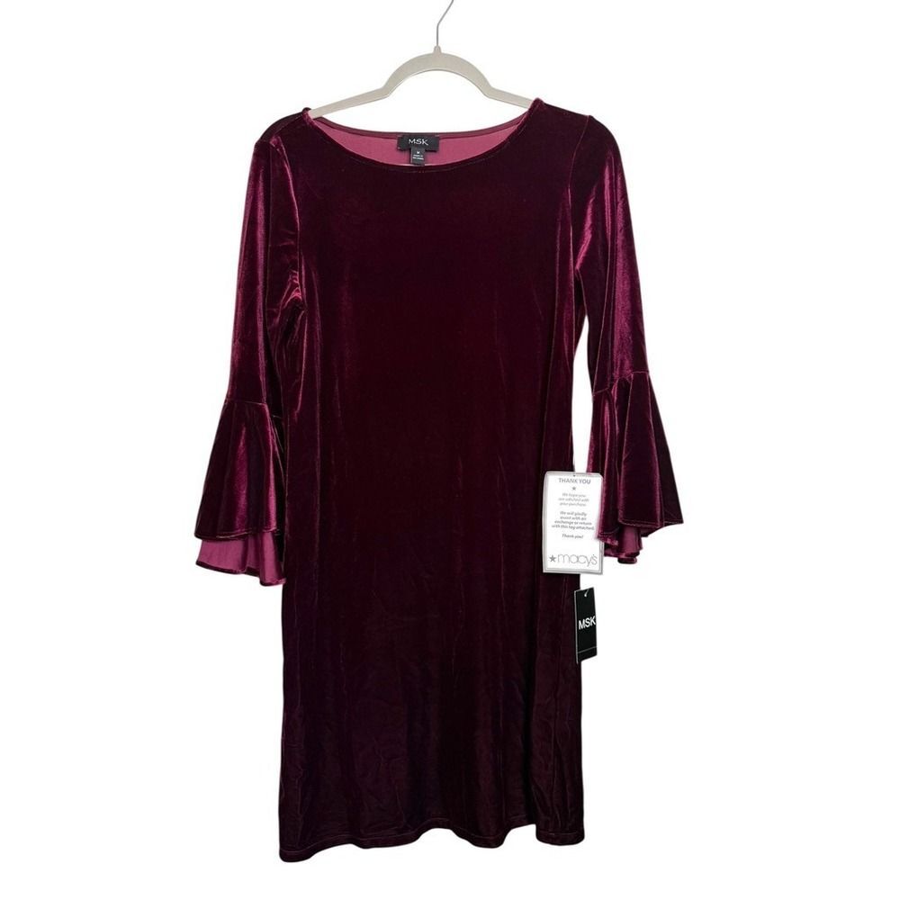 MSK Velvet Bell Sleeve Shift Dress Wine Burgundy Women M NWT Whimsigoth